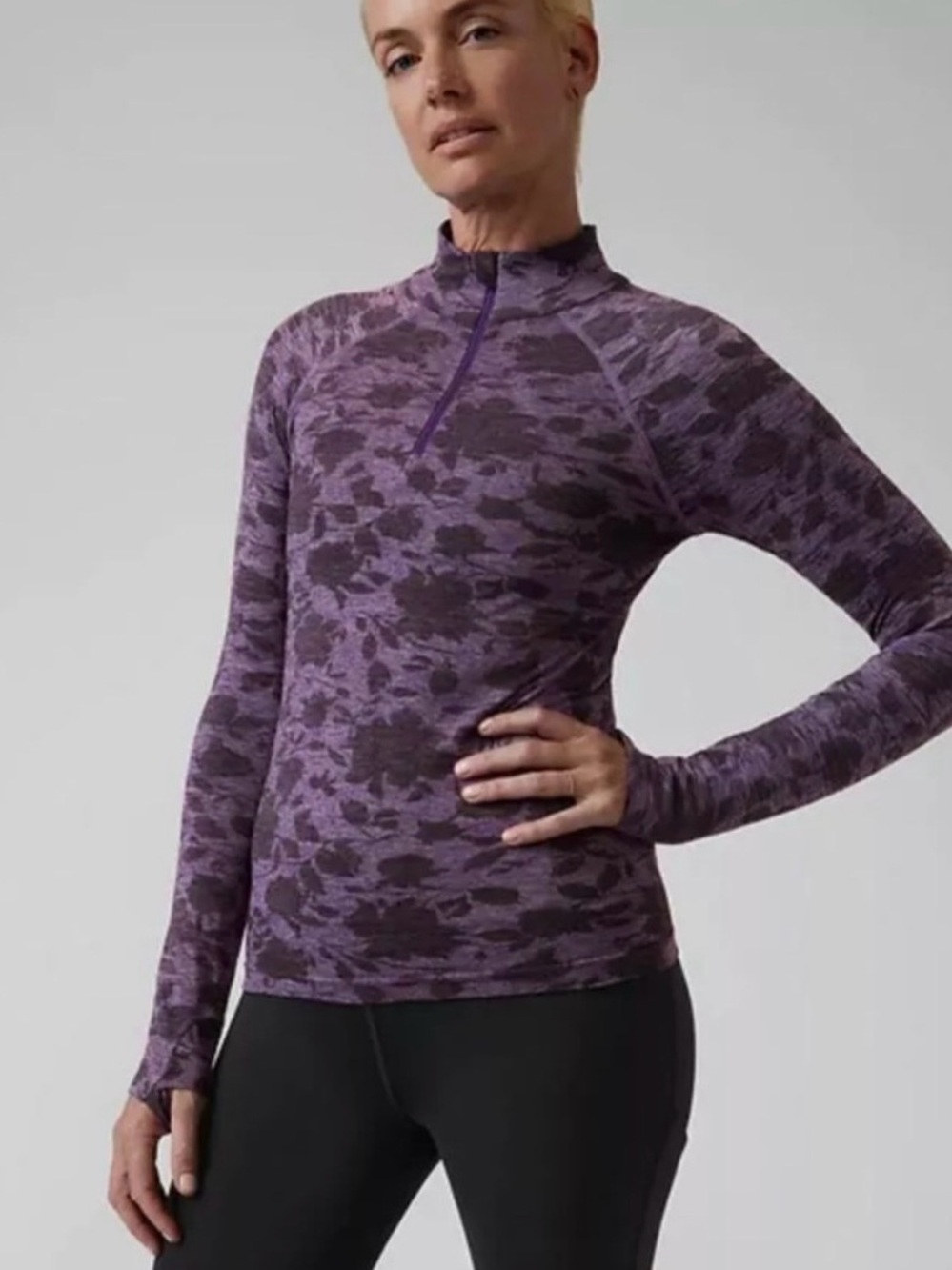Athleta Momentum Half Zip Fitted Athletic Long Sleeve Top Purple Floral XS